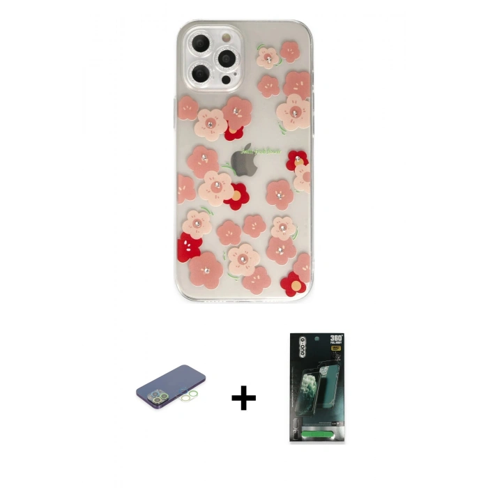 MARSİLYAN™- iPhone 12 Pro Max Kılıf Eksen Asil Prime - Şeffaf 360 Full Body Arka Koruyucu + Renkli Kamera Lens Koruma Cam - YL