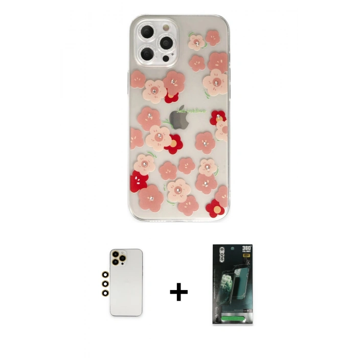 MARSİLYAN™- iPhone 12 Pro Max Kılıf Eksen Asil Prime - Şeffaf 360 Full Body Arka Koruyucu + Shine Kamera Lens - GD