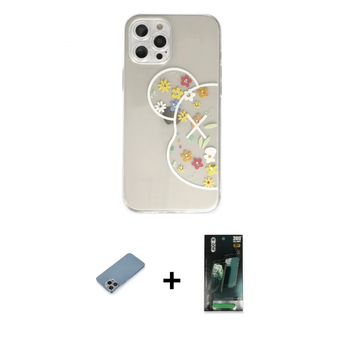 MARSİLYAN™- iPhone 12 Pro Max Kılıf Eksen Asil Prime - Şeffaf 360 Full Body Arka Koruyucu + Shine Kamera Lens Koruma Cam - GI