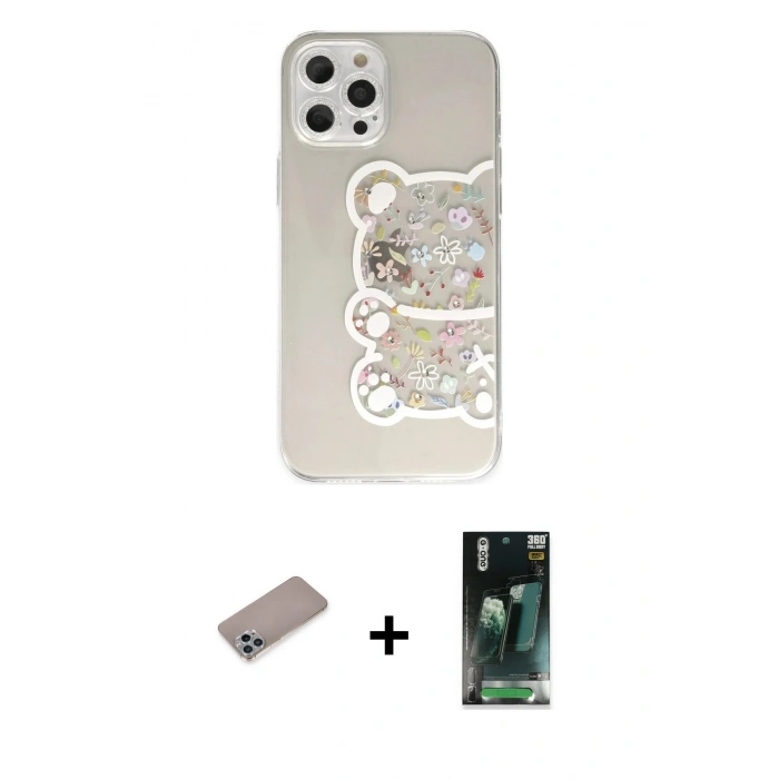 MARSİLYAN™- iPhone 12 Pro Max Kılıf Eksen Asil Prime - Şeffaf 360 Full Body Arka Koruyucu + Shine Kamera Lens Koruma Cam - SABE