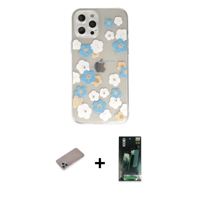 MARSİLYAN™- iPhone 12 Pro Max Kılıf Eksen Asil Prime - Şeffaf 360 Full Body Arka Koruyucu + Shine Kamera Lens Koruma Cam - SABE