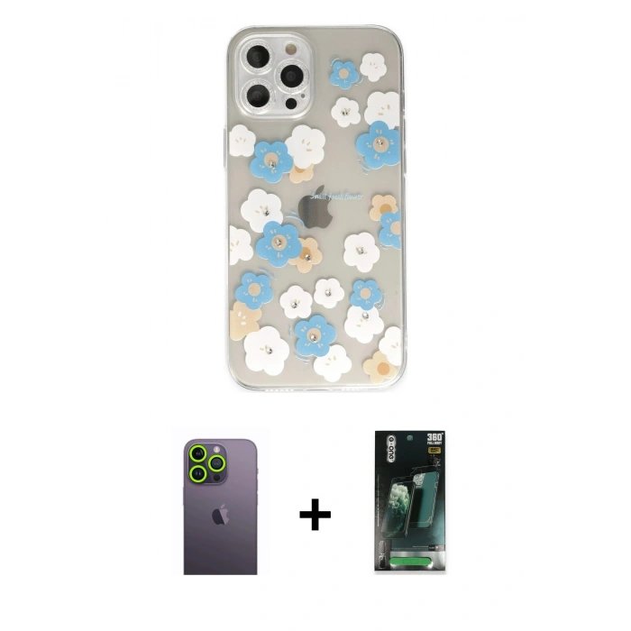MARSİLYAN™- iPhone 12 Pro Max Kılıf Eksen Asil Prime - Şeffaf 360 Full Body Arka Koruyucu + Neon Fosforlu Kamera Lens - YL