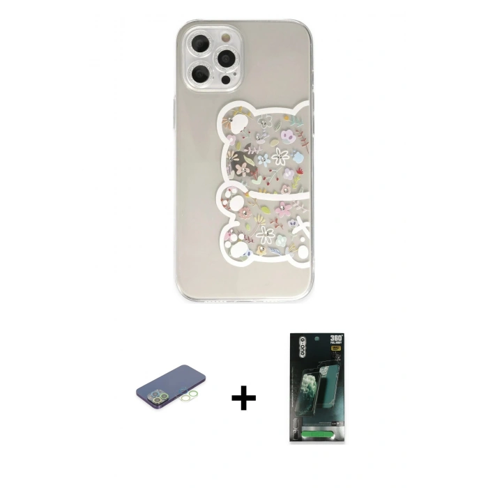 MARSİLYAN™- iPhone 12 Pro Max Kılıf Eksen Asil Prime - Şeffaf 360 Full Body Arka Koruyucu + Yeşil Renkli Kamera Lens Koruma Cam