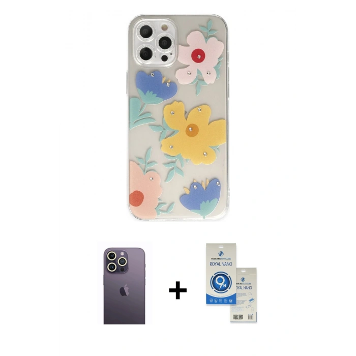 MARSİLYAN™- iPhone 12 Pro Max Kılıf Eksen Asil Prime - Şeffaf Royal Nano Ekran Koruyucu + Neon Fosforlu Kamera Lens - BZ