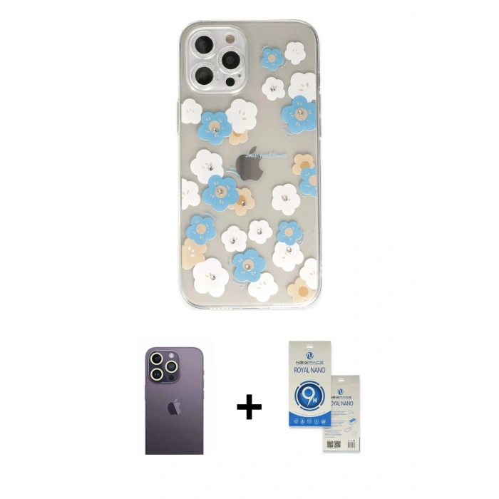 MARSİLYAN™- iPhone 12 Pro Max Kılıf Eksen Asil Prime - Şeffaf Royal Nano Ekran Koruyucu + Neon Fosforlu Kamera Lens - BZ