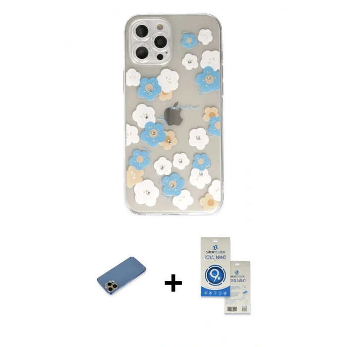 MARSİLYAN™- iPhone 12 Pro Max Kılıf Eksen Asil Prime - Şeffaf Royal Nano Ekran Koruyucu + Gold Shine Kamera Lens Koruma Cam