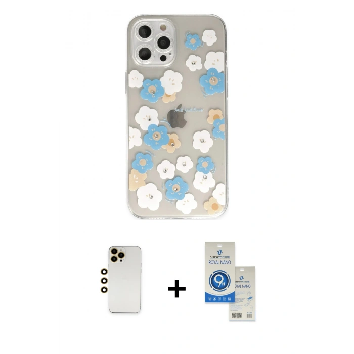 MARSİLYAN™- iPhone 12 Pro Max Kılıf Eksen Asil Prime - Şeffaf Royal Nano Ekran Koruyucu + Gold Shine Kamera Lens