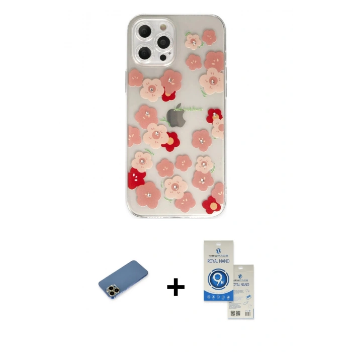 MARSİLYAN™- iPhone 12 Pro Max Kılıf Eksen Asil Prime - Şeffaf Royal Nano Ekran Koruyucu + Gold Shine Kamera Lens Koruma Cam