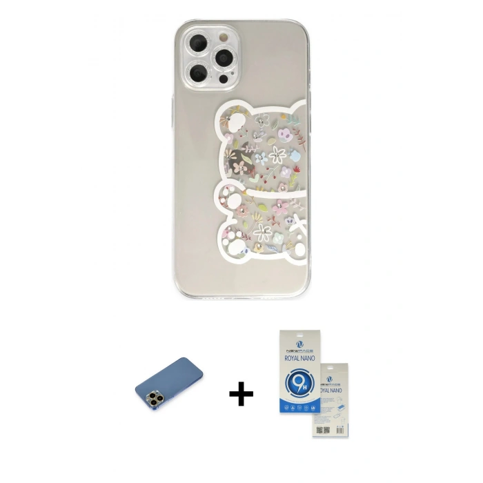 MARSİLYAN™- iPhone 12 Pro Max Kılıf Eksen Asil Prime - Şeffaf Royal Nano Ekran Koruyucu + Gold Shine Kamera Lens Koruma Cam
