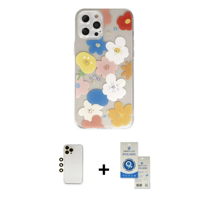 MARSİLYAN™- iPhone 12 Pro Max Kılıf Eksen Asil Prime - Şeffaf Royal Nano Ekran Koruyucu + Gold Shine Kamera Lens