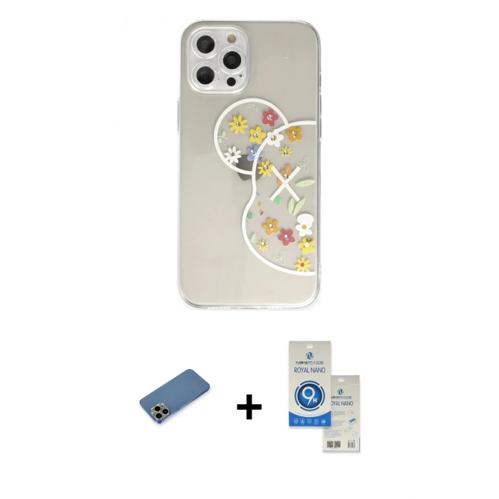 MARSİLYAN™- iPhone 12 Pro Max Kılıf Eksen Asil Prime - Şeffaf Royal Nano Ekran Koruyucu + Gold Shine Kamera Lens Koruma Cam