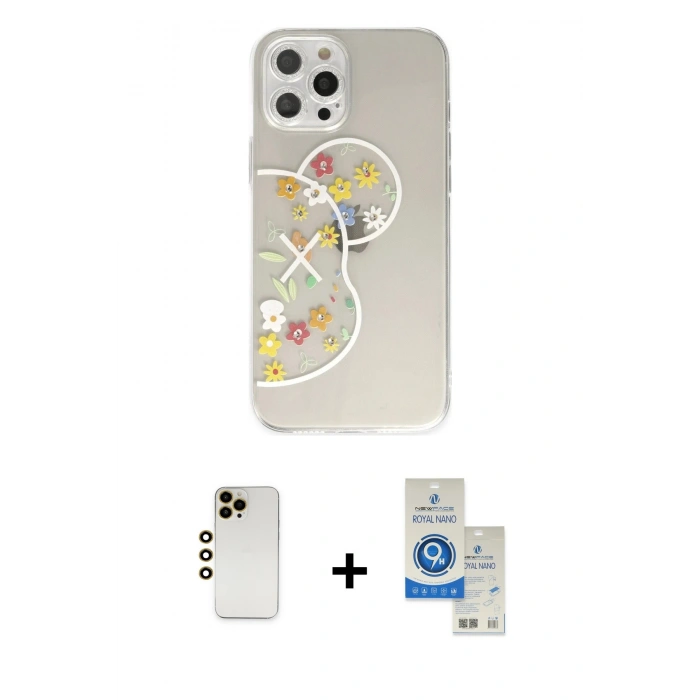 MARSİLYAN™- iPhone 12 Pro Max Kılıf Eksen Asil Prime - Şeffaf Royal Nano Ekran Koruyucu + Gold Shine Kamera Lens
