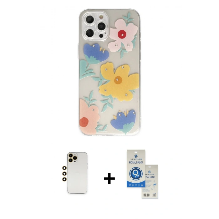 MARSİLYAN™- iPhone 12 Pro Max Kılıf Eksen Asil Prime - Şeffaf Royal Nano Ekran Koruyucu + Gold Shine Kamera Lens