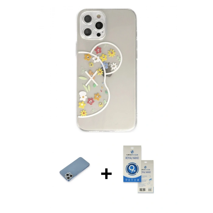 MARSİLYAN™- iPhone 12 Pro Max Kılıf Eksen Asil Prime - Şeffaf Royal Nano Ekran Koruyucu + Shine Kamera Lens Koruma Cam - GS