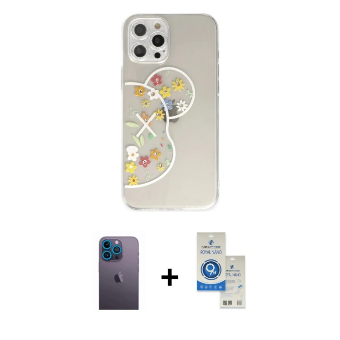 MARSİLYAN™- iPhone 12 Pro Max Kılıf Eksen Asil Prime - Şeffaf Royal Nano Ekran Koruyucu + Neon Fosforlu Kamera Lens - MI