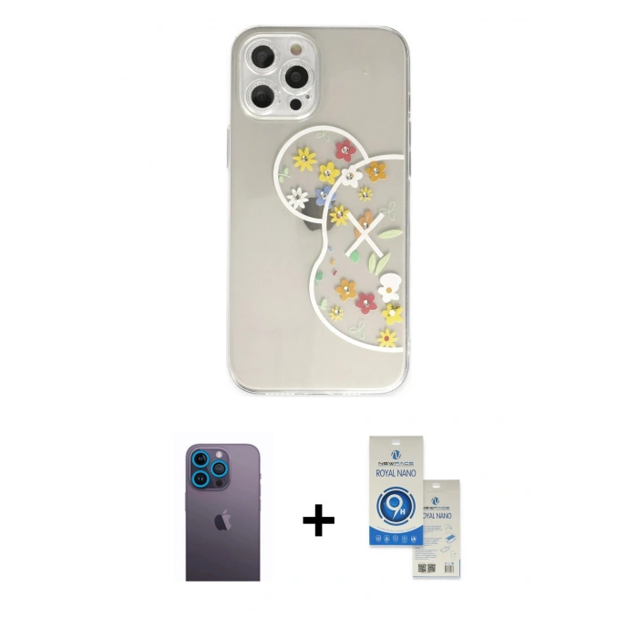 MARSİLYAN™- iPhone 12 Pro Max Kılıf Eksen Asil Prime - Şeffaf Royal Nano Ekran Koruyucu + Neon Fosforlu Kamera Lens - MI