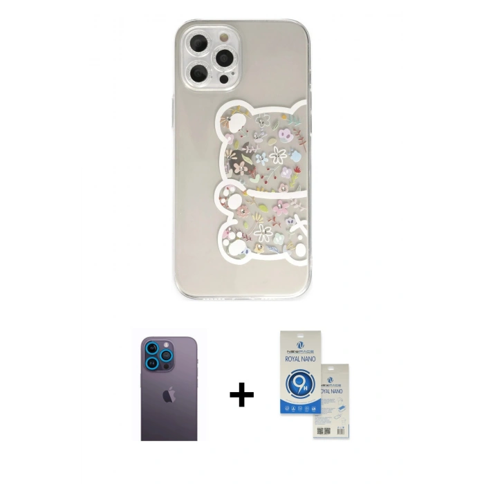 MARSİLYAN™- iPhone 12 Pro Max Kılıf Eksen Asil Prime - Şeffaf Royal Nano Ekran Koruyucu + Neon Fosforlu Kamera Lens - MI