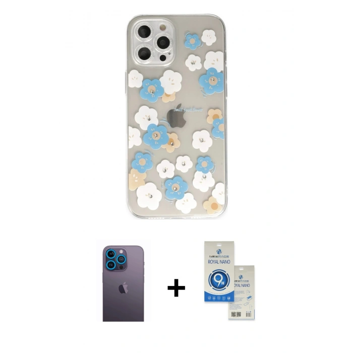 MARSİLYAN™- iPhone 12 Pro Max Kılıf Eksen Asil Prime - Şeffaf Royal Nano Ekran Koruyucu + Neon Fosforlu Kamera Lens - MI