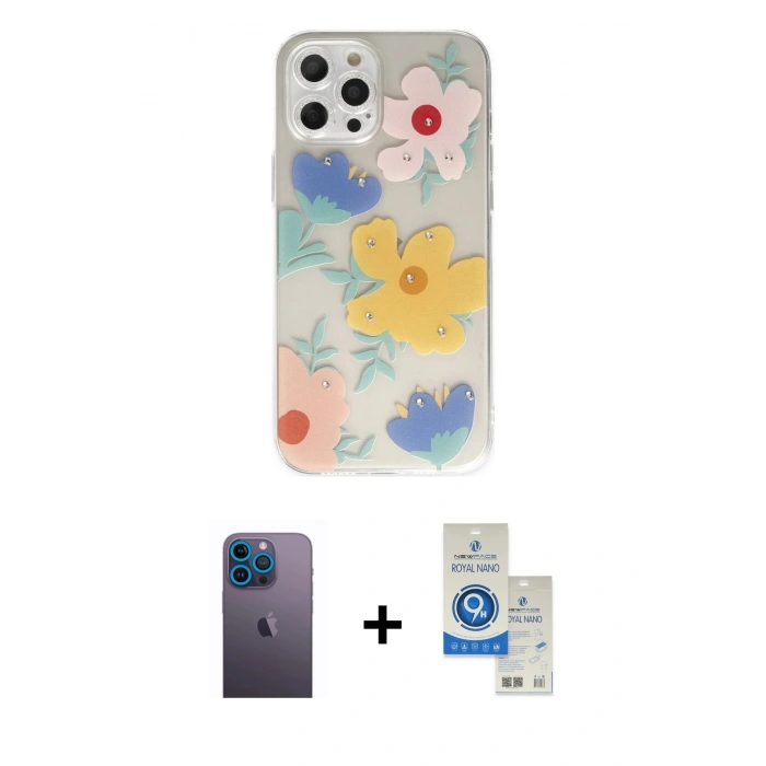 MARSİLYAN™- iPhone 12 Pro Max Kılıf Eksen Asil Prime - Şeffaf Royal Nano Ekran Koruyucu + Neon Fosforlu Kamera Lens - MI