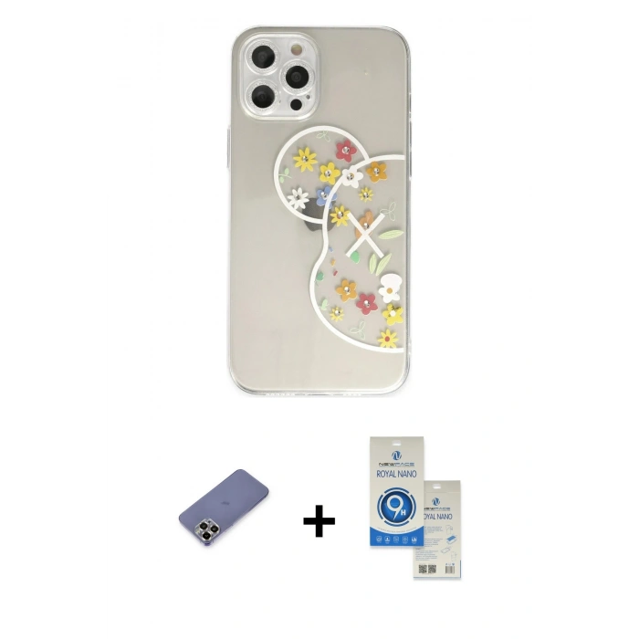 MARSİLYAN™- iPhone 12 Pro Max Kılıf Eksen Asil Prime - Şeffaf Royal Nano Ekran Koruyucu + Metal Kamera Lens Koruma Cam - GD