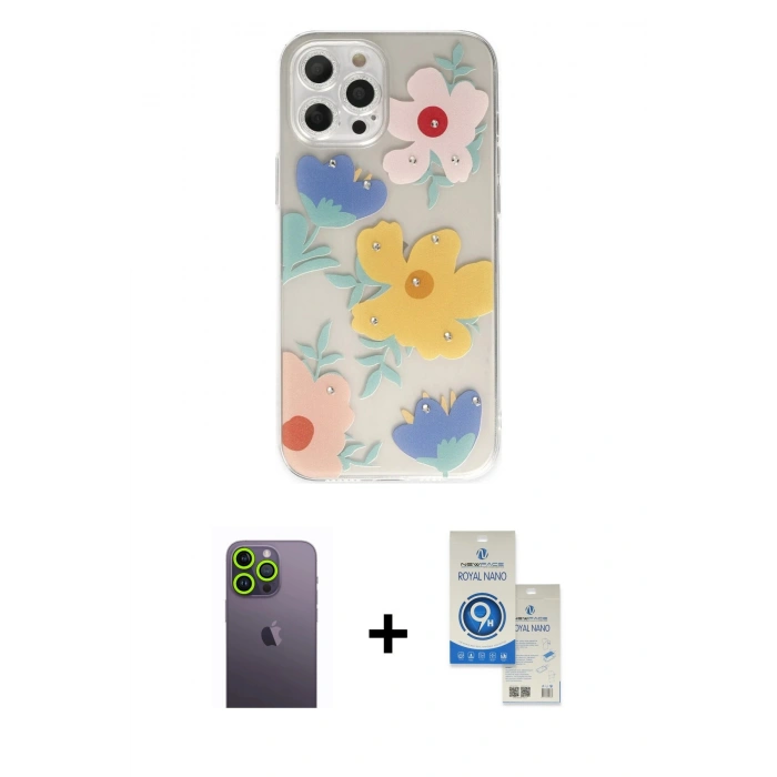 MARSİLYAN™- iPhone 12 Pro Max Kılıf Eksen Asil Prime - Şeffaf Royal Nano Ekran Koruyucu + Neon Fosforlu Kamera Lens - YL
