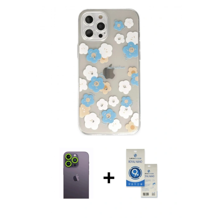 MARSİLYAN™- iPhone 12 Pro Max Kılıf Eksen Asil Prime - Şeffaf Royal Nano Ekran Koruyucu + Neon Fosforlu Kamera Lens - YL