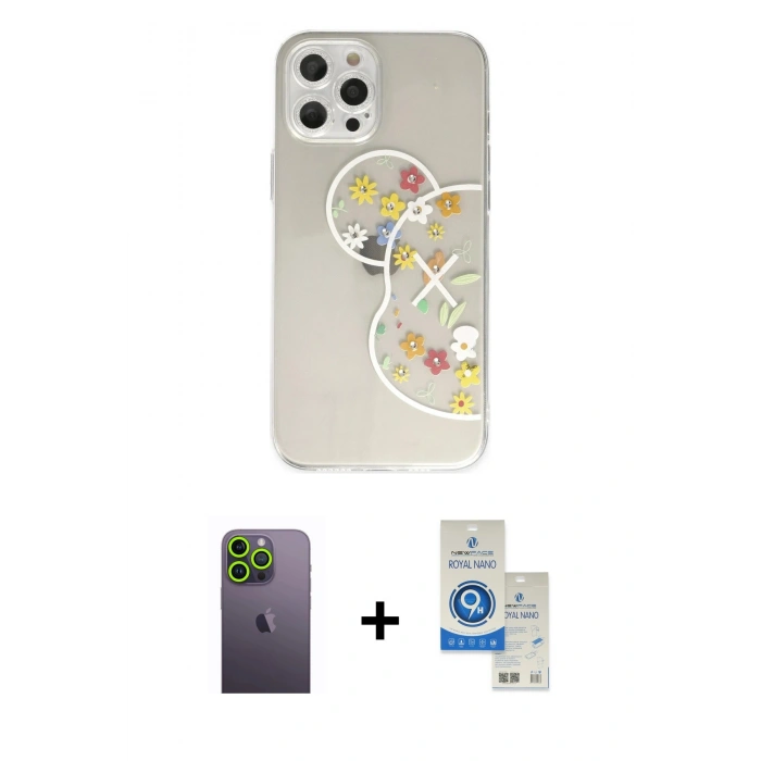 MARSİLYAN™- iPhone 12 Pro Max Kılıf Eksen Asil Prime - Şeffaf Royal Nano Ekran Koruyucu + Neon Fosforlu Kamera Lens - YL