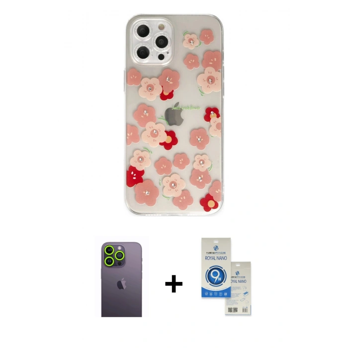 MARSİLYAN™- iPhone 12 Pro Max Kılıf Eksen Asil Prime - Şeffaf Royal Nano Ekran Koruyucu + Neon Fosforlu Kamera Lens - YL