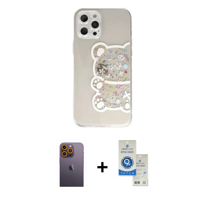 MARSİLYAN™- iPhone 12 Pro Max Kılıf Eksen Asil Prime - Şeffaf Royal Nano Ekran Koruyucu + Neon Fosforlu Kamera Lens - SI