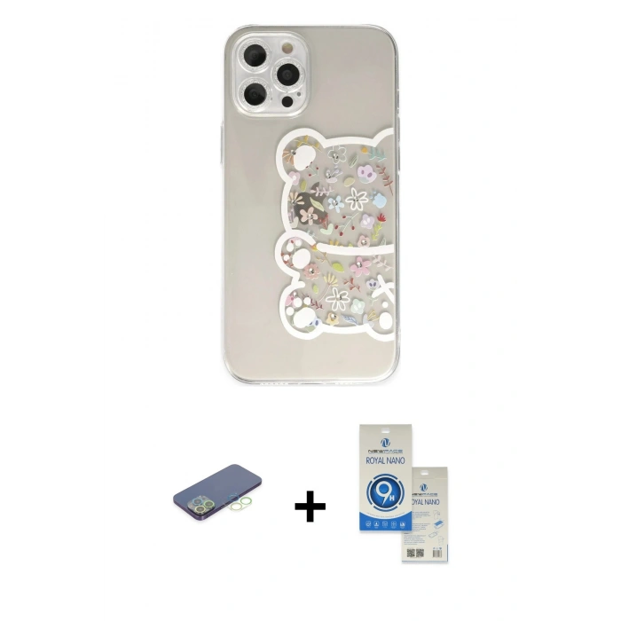 MARSİLYAN™- iPhone 12 Pro Max Kılıf Eksen Asil Prime - Şeffaf Royal Nano Ekran Koruyucu + Renkli Kamera Lens Koruma Cam - YL