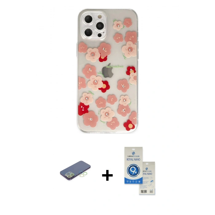 MARSİLYAN™- iPhone 12 Pro Max Kılıf Eksen Asil Prime - Şeffaf Royal Nano Ekran Koruyucu + Renkli Kamera Lens Koruma Cam - YL