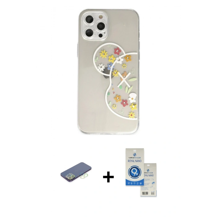 MARSİLYAN™- iPhone 12 Pro Max Kılıf Eksen Asil Prime - Şeffaf Royal Nano Ekran Koruyucu + Renkli Kamera Lens Koruma Cam - YL