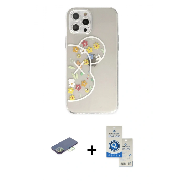 MARSİLYAN™- iPhone 12 Pro Max Kılıf Eksen Asil Prime - Şeffaf Royal Nano Ekran Koruyucu + Renkli Kamera Lens Koruma Cam - YL
