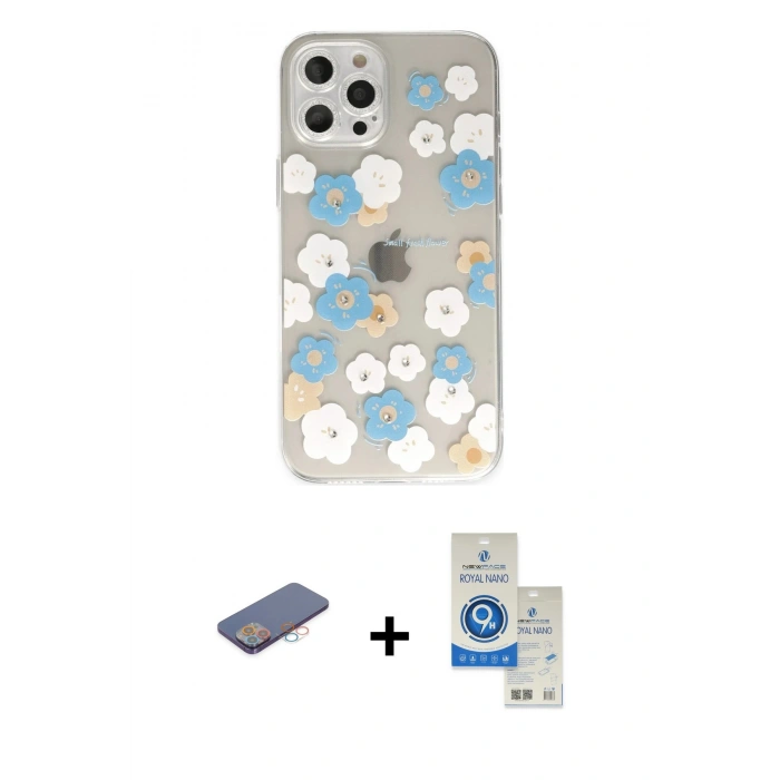 MARSİLYAN™- iPhone 12 Pro Max Kılıf Eksen Asil Prime - Şeffaf Royal Nano Ekran Koruyucu + Renkli Kamera Lens Koruma Cam - PE