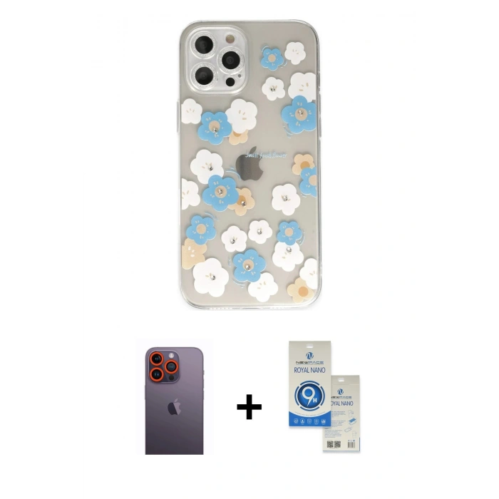 MARSİLYAN™- iPhone 12 Pro Max Kılıf Eksen Asil Prime - Şeffaf Royal Nano Ekran Koruyucu + Neon Fosforlu Kamera Lens - TU