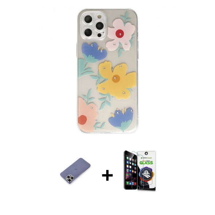 MARSİLYAN™- iPhone 12 Pro Max Kılıf Eksen Asil Prime - Şeffaf Temperli Cam Ekran Koruyucu + Metal Kamera Lens Koruma Cam - GD