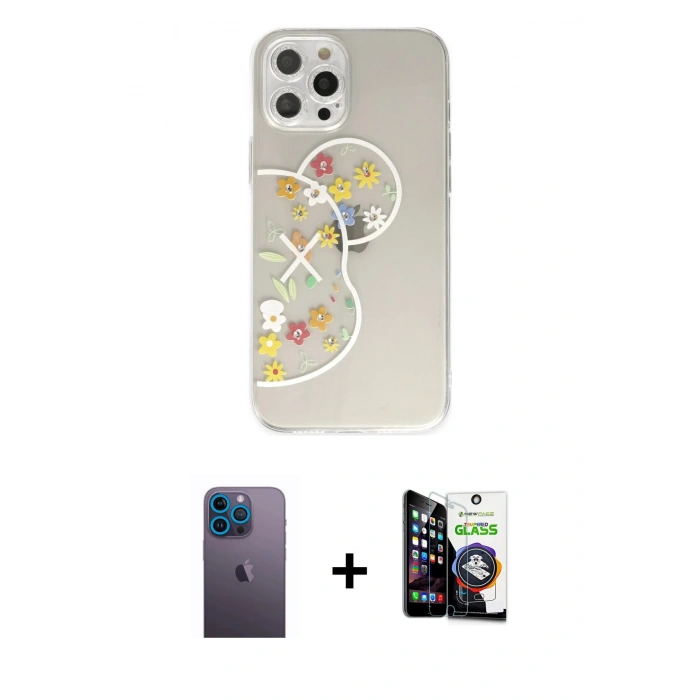 MARSİLYAN™- iPhone 12 Pro Max Kılıf Eksen Asil Prime - Şeffaf Temperli Cam Ekran Koruyucu + Neon Fosforlu Kamera Lens - MI