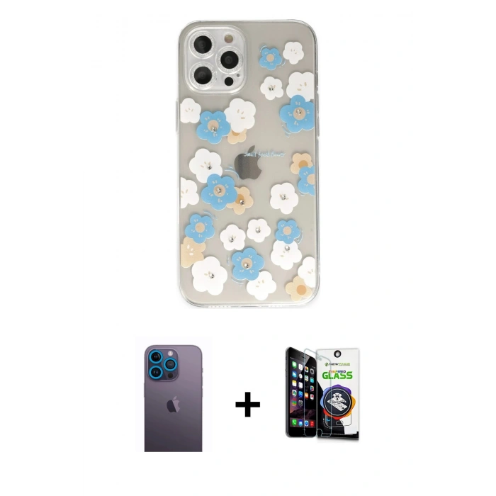 MARSİLYAN™- iPhone 12 Pro Max Kılıf Eksen Asil Prime - Şeffaf Temperli Cam Ekran Koruyucu + Neon Fosforlu Kamera Lens - MI