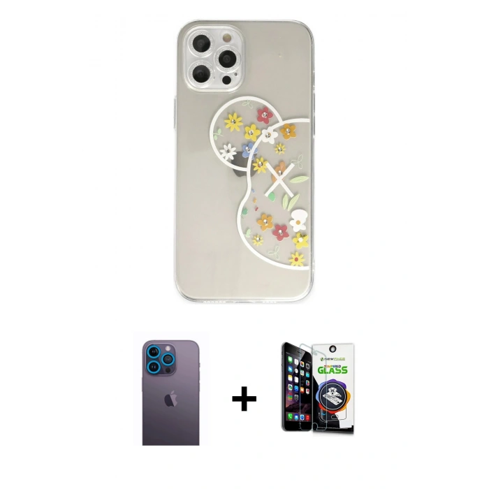 MARSİLYAN™- iPhone 12 Pro Max Kılıf Eksen Asil Prime - Şeffaf Temperli Cam Ekran Koruyucu + Neon Fosforlu Kamera Lens - MI