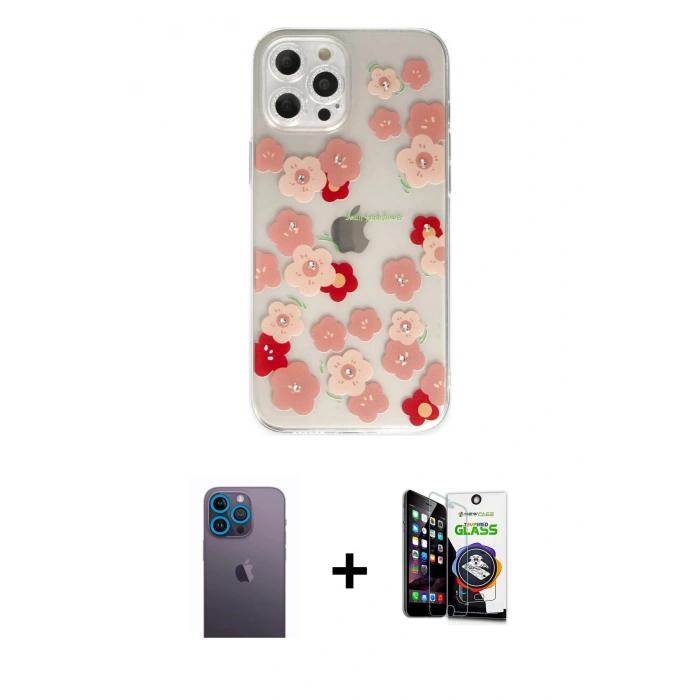 MARSİLYAN™- iPhone 12 Pro Max Kılıf Eksen Asil Prime - Şeffaf Temperli Cam Ekran Koruyucu + Neon Fosforlu Kamera Lens - MI