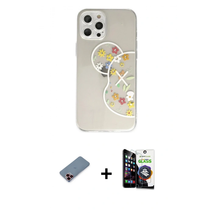 MARSİLYAN™- iPhone 12 Pro Max Kılıf Eksen Asil Prime - Şeffaf Temperli Cam Ekran Koruyucu + Metal Kamera Lens Koruma Cam - KI