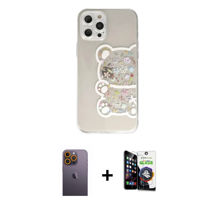 MARSİLYAN™- iPhone 12 Pro Max Kılıf Eksen Asil Prime - Şeffaf Temperli Cam Ekran Koruyucu + Neon Fosforlu Kamera Lens - SI