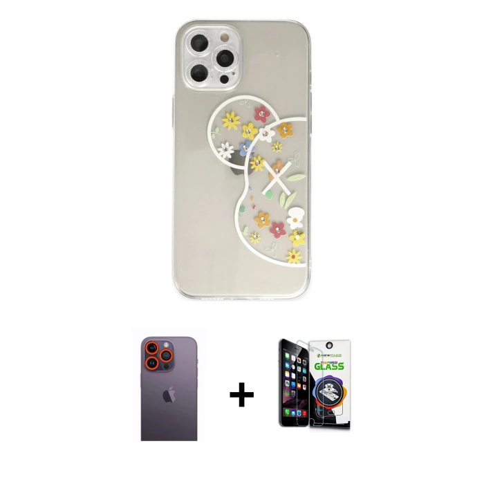 MARSİLYAN™- iPhone 12 Pro Max Kılıf Eksen Asil Prime - Şeffaf Temperli Cam Ekran Koruyucu + Neon Fosforlu Kamera Lens - TU