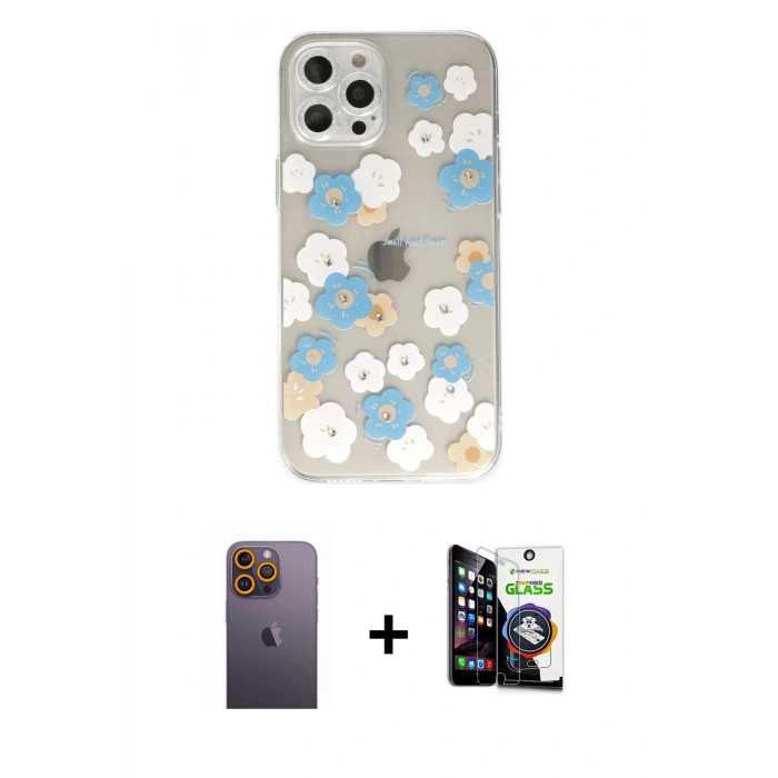MARSİLYAN™- iPhone 12 Pro Max Kılıf Eksen Asil Prime - Şeffaf Temperli Cam Ekran Koruyucu + Neon Fosforlu Kamera Lens - SI