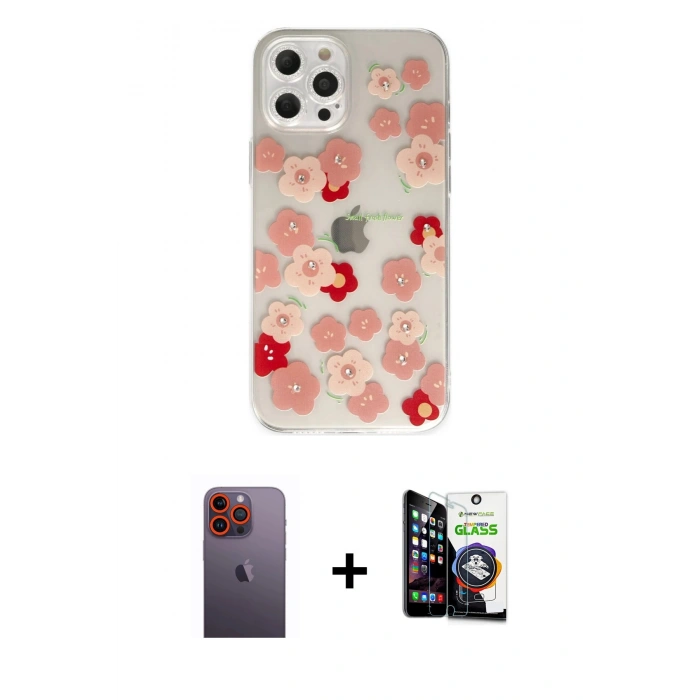 MARSİLYAN™- iPhone 12 Pro Max Kılıf Eksen Asil Prime - Şeffaf Temperli Cam Ekran Koruyucu + Neon Fosforlu Kamera Lens - TU