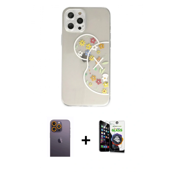 MARSİLYAN™- iPhone 12 Pro Max Kılıf Eksen Asil Prime - Şeffaf Temperli Cam Ekran Koruyucu + Neon Fosforlu Kamera Lens - SI