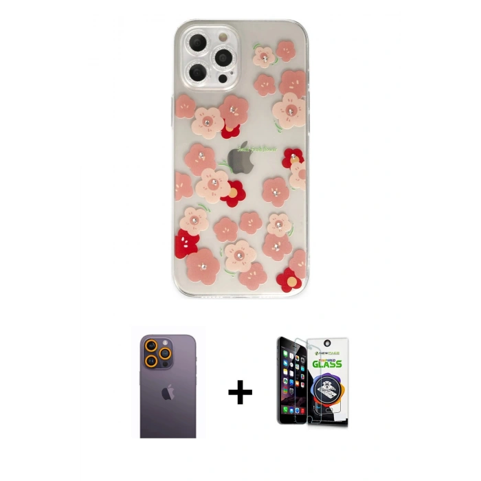 MARSİLYAN™- iPhone 12 Pro Max Kılıf Eksen Asil Prime - Şeffaf Temperli Cam Ekran Koruyucu + Neon Fosforlu Kamera Lens - SI