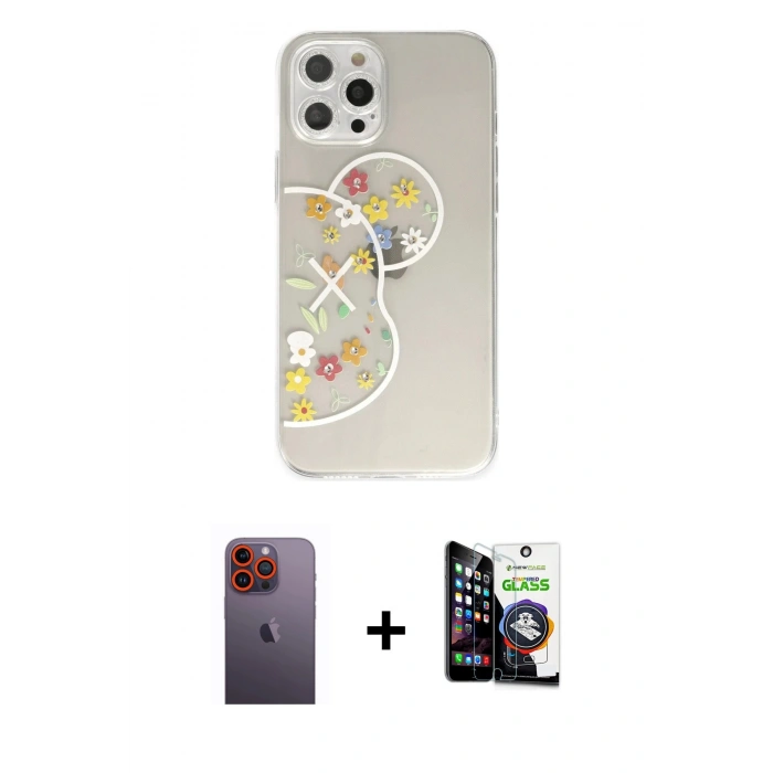 MARSİLYAN™- iPhone 12 Pro Max Kılıf Eksen Asil Prime - Şeffaf Temperli Cam Ekran Koruyucu + Neon Fosforlu Kamera Lens - TU