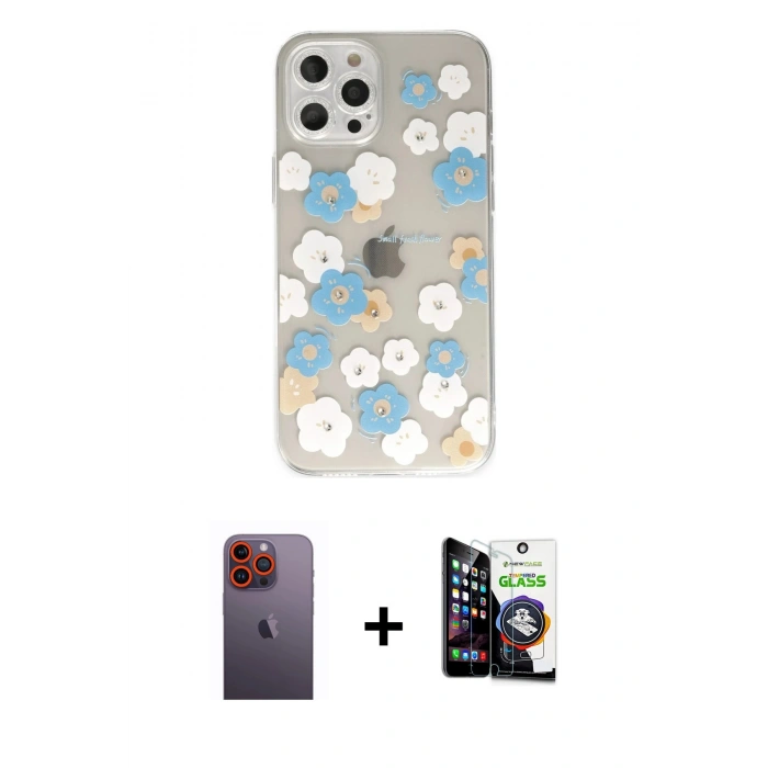 MARSİLYAN™- iPhone 12 Pro Max Kılıf Eksen Asil Prime - Şeffaf Temperli Cam Ekran Koruyucu + Neon Fosforlu Kamera Lens - TU