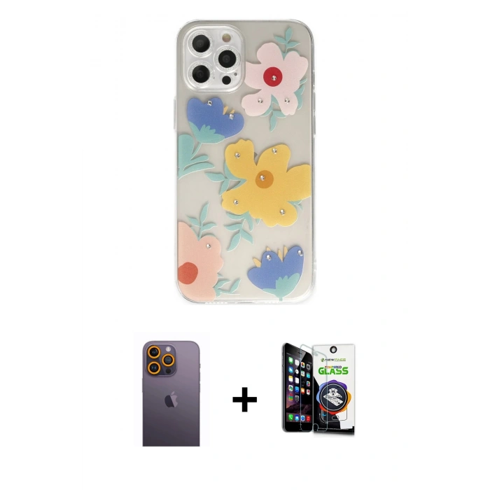 MARSİLYAN™- iPhone 12 Pro Max Kılıf Eksen Asil Prime - Şeffaf Temperli Cam Ekran Koruyucu + Neon Fosforlu Kamera Lens - SI